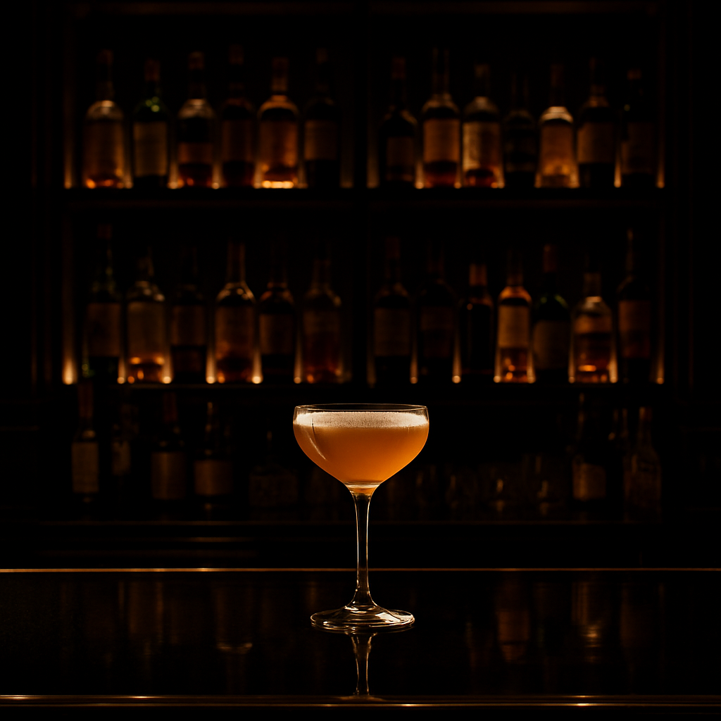 Bar detail showing bottle displays and cocktail glass under ambient lighting